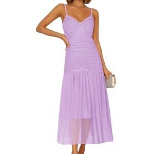 NWOT Flowy Mesh Ruched Sleeveless Midi Dress Small Lilac Formal Semi Formal